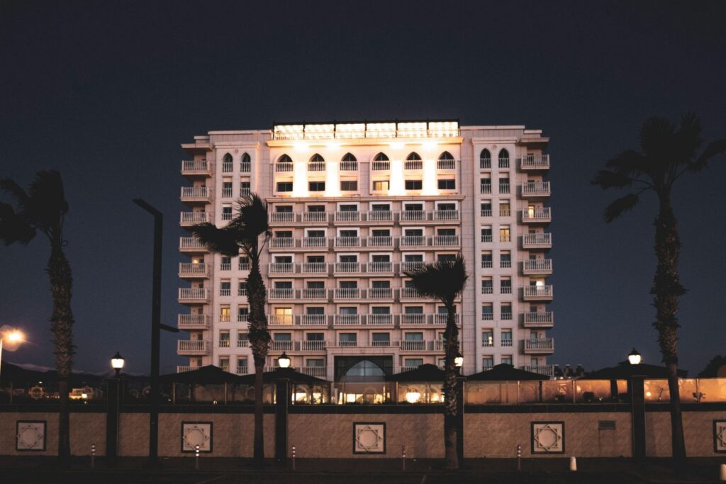 Hotel building lit up at night